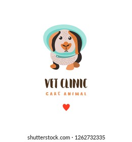 Cute little rabbit with veterinary collar. Veterinary care. Logo, vector illustration for veterinary clinic.