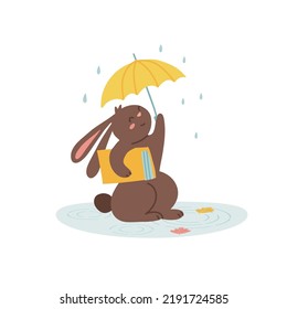 Cute Little Rabbit Walks In The Rain To School. Hare With An Umbrella And A Book. Vector Flat Hand Drawn Illustration Isolated On White Background. Autumn September Weather