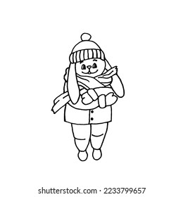 Cute little rabbit in warm clothes shivering in the cold. Vector illustration of a cartoon bunny in the style of doodles.