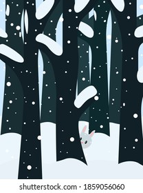 Pequeño conejo en un bosque de invierno. Paisaje invernal con conejo kawaii para Año Nuevo y antecedentes navideños. Ilustración vectorial plana de moda, eps10.