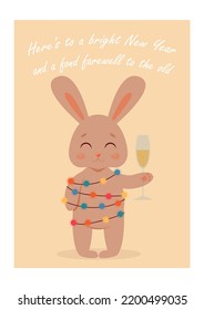 A cute little rabbit wrapped in a garland with lanterns smiles and holds a glass of champagne in its paw. Wish inscription. New Year card, 2023 - Year of the Rabbit, Christmas. greeting card