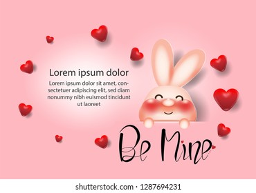 Cute little rabbit,red heart creative drawn hands made text messages,happy valentine day lovely cartoon greeting card with heart,card vector,elements,love