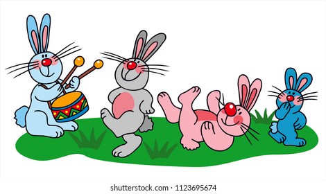 Cute little rabbits are dancing in the forest. Colored vector for card or gift. 