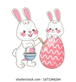 cute little rabbits with eggs painted easter characters vector illustration design
