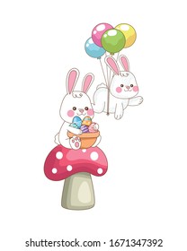 cute little rabbits with eggs painted and balloons helium vector illustration design