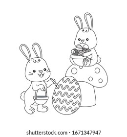 cute little rabbits with eggs painted in fungus vector illustration design