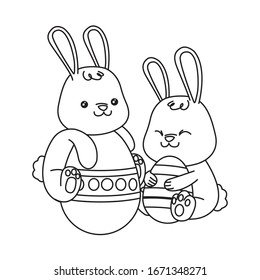 cute little rabbits with eggs painted easter characters vector illustration design
