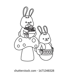cute little rabbits with eggs painted in fungus vector illustration design