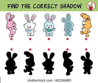 Cute little rabbits. Find the correct shadow. Educational game for children. Cartoon vector illustration.