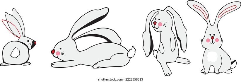 Cute Little rabbits. New Year.  Chinese 2023 year symbol. Year of hares. Cartoon mascot. Smiling adorable bunny character. Cute illustration of wild forest animal