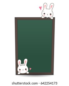 Cute little rabbits push their heads in front of the blackboard menu