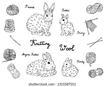 Cute little rabbits with a set of wool yarns, knitting needles, Crochet hook, hand drawn vector illustration