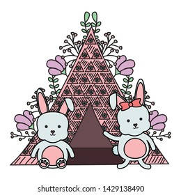 cute little rabbits with tent and floral decoration