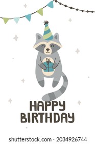 Cute little raccon with birthday gift. Print for for wall art, apparel, card, textile, fabric, nursery, stationery.