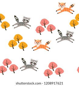 Cute little raccons and foxes jumping in the autumn forest isolated on white snow background in vector. Seamless childish pattern. Print for fabric.