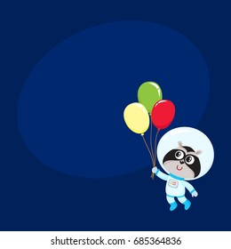 Cute little raccoon astronaut, spaceman in space suit holding bunch of balloons, cartoon vector illustration with space for text. Baby raccoon astronaut, spaceman in spacesuit holding balloon