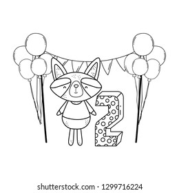 cute and little raccoon with balloons and gifts