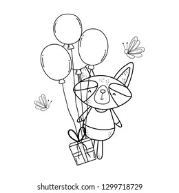 cute and little raccoon with balloons and gifts