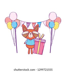 cute and little raccoon with balloons and gifts