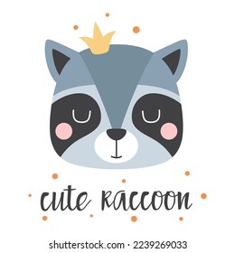 cute little raccoon, cartoon animal character design for kids t-shirts, nursery decoration, baby shower, greeting cards, invitations, vector illustration in flat style