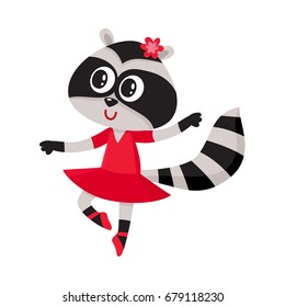 Cute little raccoon character, ballet dancer in pointed shoes and tutu skirt, cartoon vector illustration isolated on white background. Little raccoon baby animal, ballet dancer, ballerina in tutu