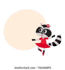 Cute little raccoon character, ballet dancer in pointed shoes and tutu skirt, cartoon vector illustration with space for text. Little raccoon baby animal, ballet dancer, ballerina in tutu