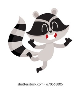 Cute little raccoon character jumping from happiness and delight, cartoon vector illustration isolated on white background. Happy and excited little raccoon jumping with pleasure and delight