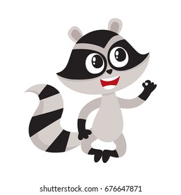 Cute little raccoon character sitting in lotus pose showing okay, ok gesture, cartoon vector illustration isolated on white background. Funny little raccoon showing okay, ok, sitting in lotus position