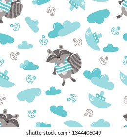 Cute little raccoon in cloud,boat and anchor hand drawn children vector illustration. Baby graphic shower for kids t-shirt seamless pattern.  Cartoon sky for fabric textile print on whitebackground.
