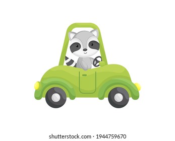 Cute Little Raccoon Driving Green Car. Cartoon Character For Childrens Book, Album, Baby Shower, Greeting Card, Party Invitation, House Interior. Vector Stock Illustration.