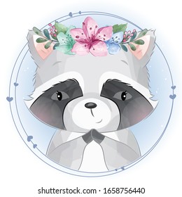 Cute little raccoon with floral portrait