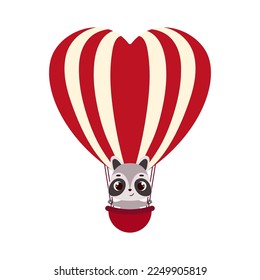 Cute little raccoon fly on heart hot air balloon. Cartoon animal character for kids cards, baby shower, invitation, poster, t-shirt composition, house interior. Vector stock illustration