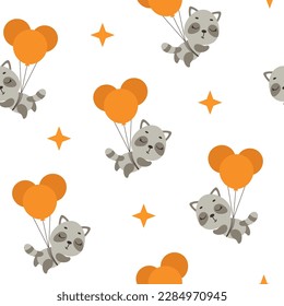 Cute little raccoon flying on balloons seamless childish pattern. Funny cartoon animal character for fabric, wrapping, textile, wallpaper, apparel. Vector illustration