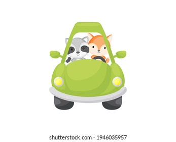 Cute Little Raccoon And Fox Driving Green Car. Cartoon Character For Childrens Book, Album, Baby Shower, Greeting Card, Party Invitation, House Interior. Vector Stock Illustration.