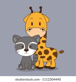 cute and little raccoon and giraffe characters