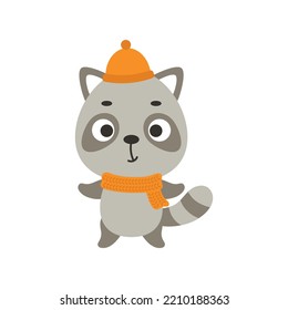 Cute little raccoon in hat and scarf. Cartoon animal character for kids t-shirts, nursery decoration, baby shower, greeting card, invitation, house interior. Vector stock illustration