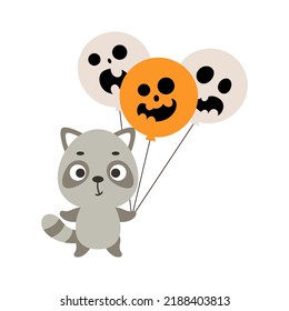 Cute little raccoon holding Halloween balloons. Cartoon animal character for kids t-shirts, nursery decoration, baby shower, greeting card, invitation. Vector stock illustration