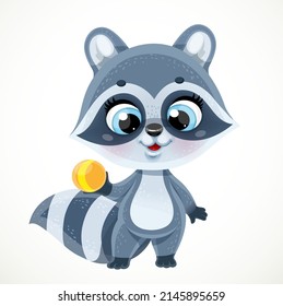 Cute little raccoon holding a small ball isolated on white background