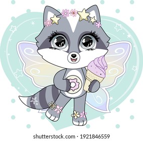 Cute little raccoon with ice cream and donut. Trendy style, modern pastel colors.