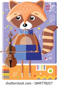 Cute little raccoon musician with violin