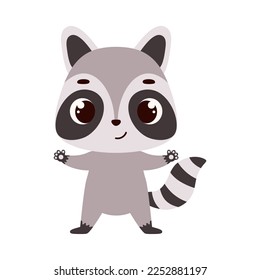 Cute little raccoon on white background. Cartoon animal character for kids cards, baby shower, invitation, poster, t-shirt composition, house interior. Vector stock illustration