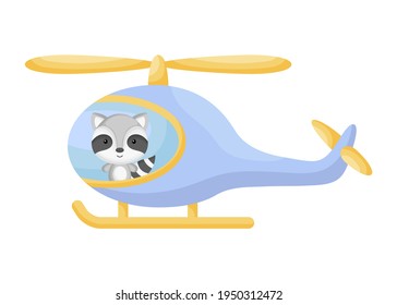 Cute little raccoon pilot in blue helicopter. Cartoon character for childrens book, album, baby shower, greeting card, party invitation, house interior. Vector stock illustration.