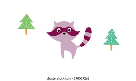 cute little raccoon in pine tree forest