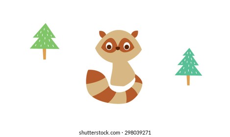 cute little raccoon in pine tree forest