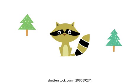 cute little raccoon in pine tree forest