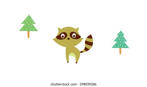 cute little raccoon in pine tree forest