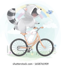 Cute little raccoon riding a bicycle with bunny