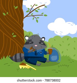 Cute little raccoon in school uniform sitting under the tree on the lawn and eating vector illustration, design element for poster or banner