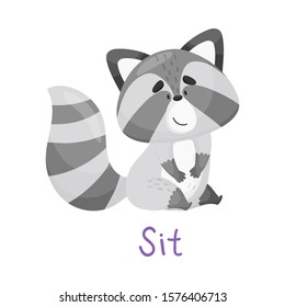 Cute Little Raccoon Sitting With Handwritten Inscription Sit Vector Illustration