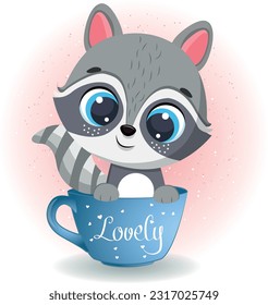 Cute little raccoon sitting inside the cup